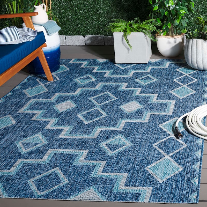 SAFAVIEH Courtyard Cemre Indoor/ Outdoor Waterproof Patio Backyard Rug - 5'3" x 7'7" - Navy/Aqua