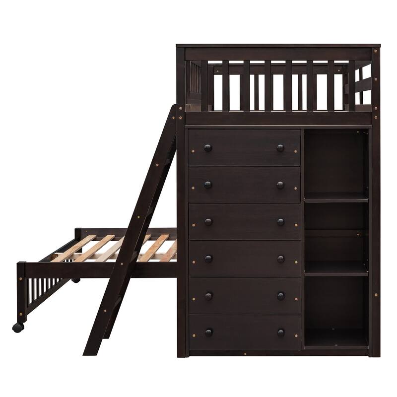 Twin Over Full Bunk Bed with Wheels, 6 Drawers and 3 Shelves