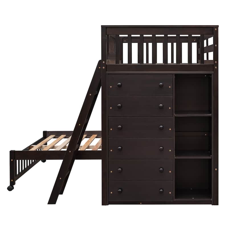 Twin Over Full Wooden Bunk Bed with Six Drawers And Flexible Shelves, Bottom Bed with Wheels-White