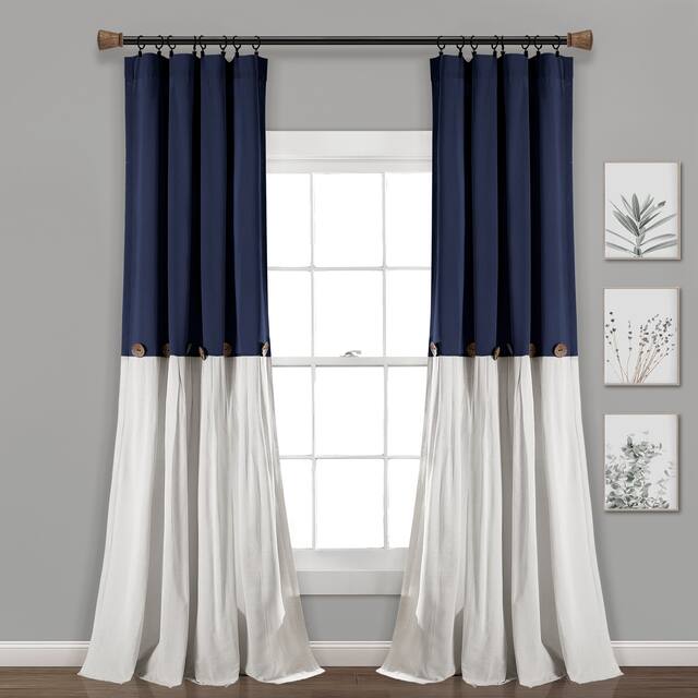 Lush Decor Linen Button Single Panel Window Curtain - 108"L x 40"W - Navy/Off-White