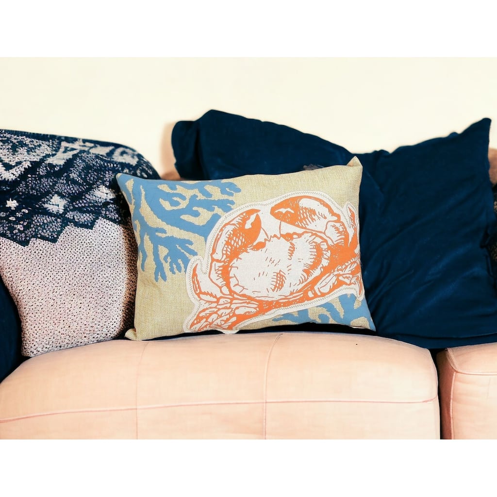 HomeRoots 13" X 18" Blue and Orange Crab Coastal Polyester Pillow With Applique