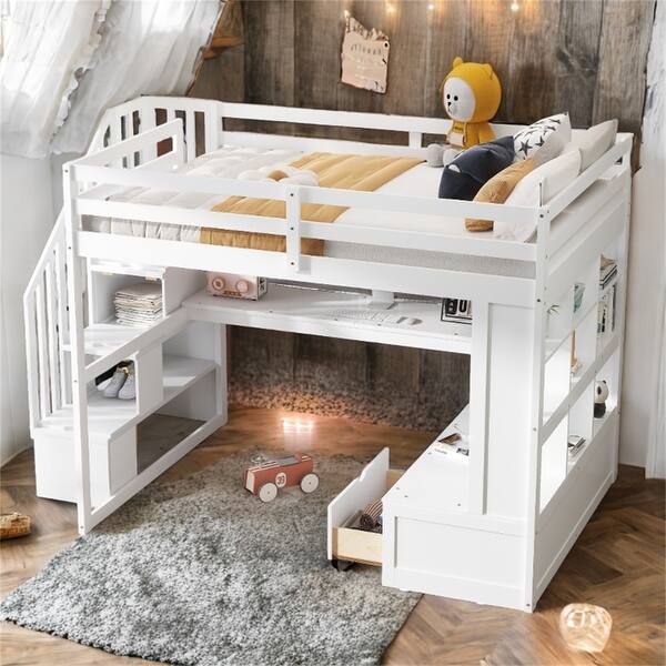 slide 2 of 12, Full Size Loft Bed with Desk, Drawers, and Storage, White White