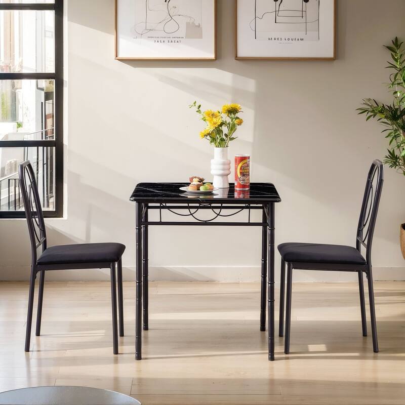 VECELO Industrial 3-Piece Space-Saving Square Dining Set MDF Table with Black PU Leather Dining Chairs Small Spaces