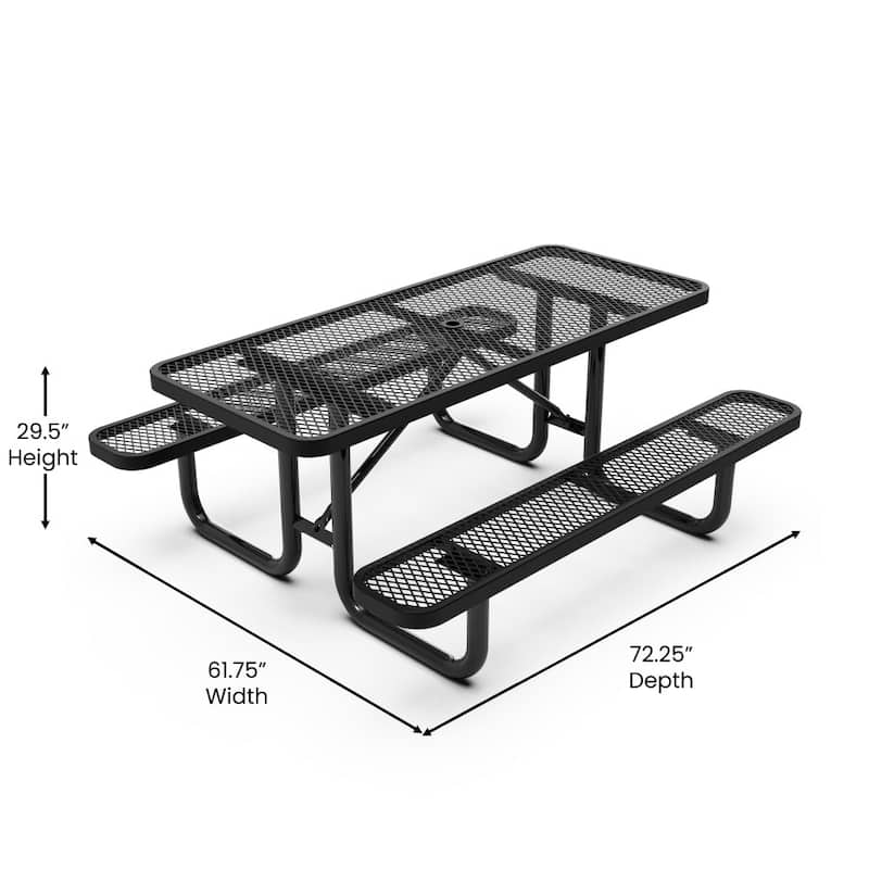 Commercial Grade Expanded Mesh Metal Outdoor Picnic Table - 72.25"D x 61.75"W x 29.5"H