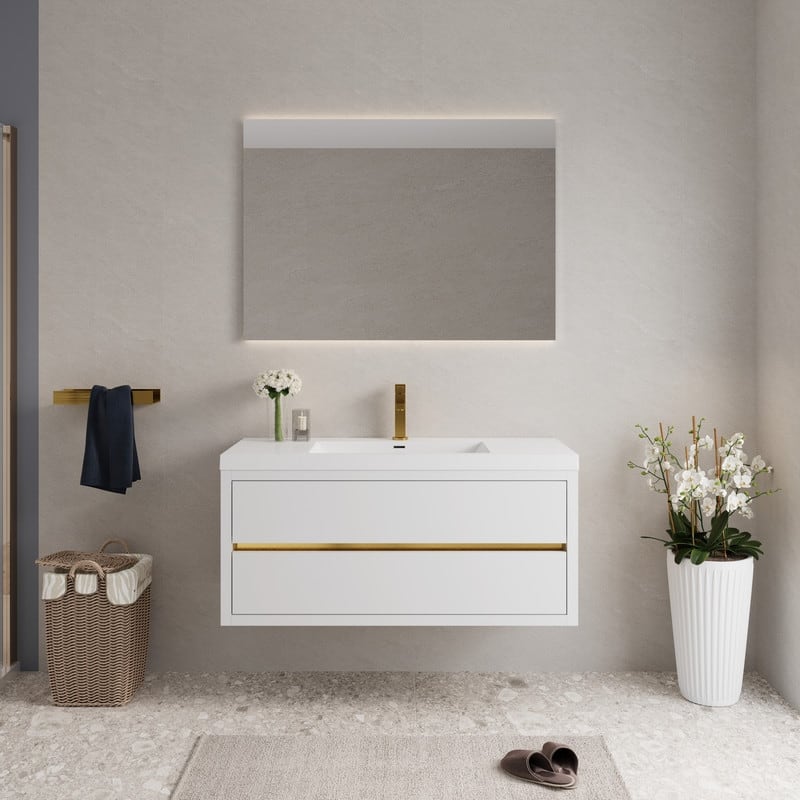 Abruzzo 48" Wall-Mount Bathroom Vanity with Stone Resin Top and Dual Soft-Close Drawers - Glossy White