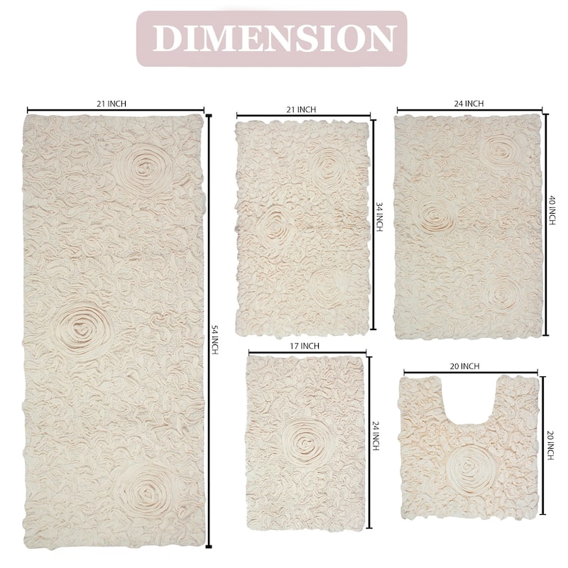 Bell Flower Collection 100% Cotton Non-Slip Bathroom Rug Set, Machine Washable Bath Rug, 5 Piece Bath Mat Set with Runner