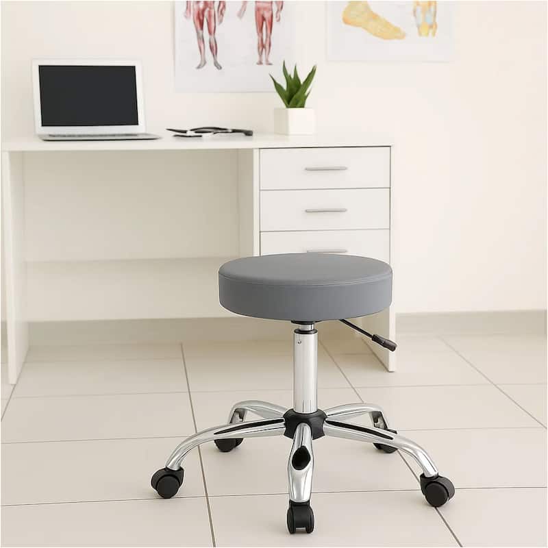 Fea Medical Swivel Stool, Round Gray Padded Seat, Rolling Chrome Base