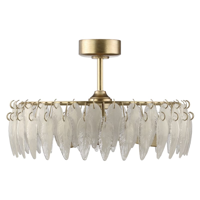 32" Rusted Silver Glass Feather 3-Blade Fandelier Caged Ceiling Fan with Light and Remote