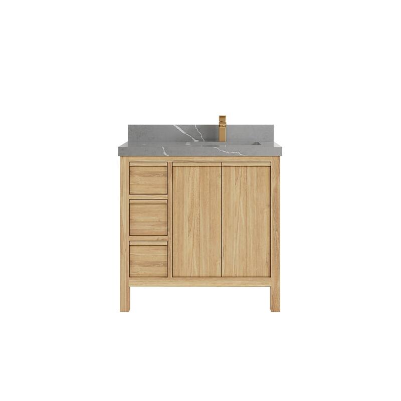 Willow Collections 36 in. W x 22 in. D Elizabeth Solid Teak Right Offset Sink Bathroom Vanity with Countertop - 2" Piatra Gray - Light Natural Teak