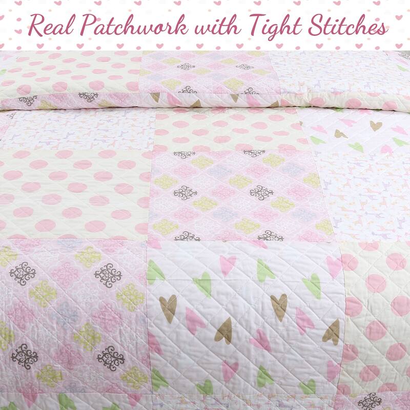 Cozy Line Pink Heart Floral Dot Giraffe Medallion Cotton Patchwork Reversible Quilt Bedding Set