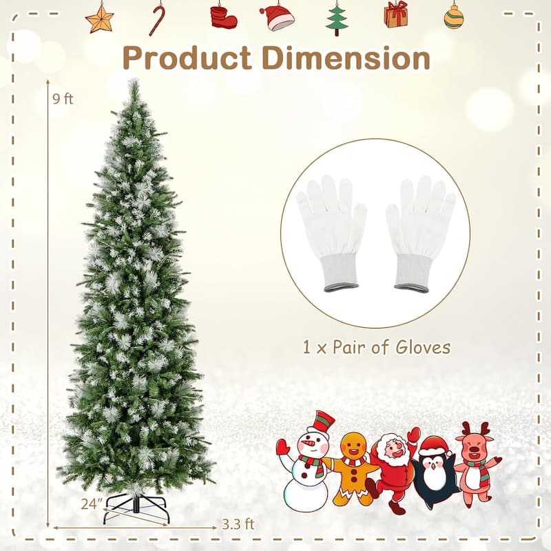 6/7.5/9 FT Pre-Lit Pencil Christmas Tree Snow Flocked Slim Artificial Tree - Green & White - 9 Foot