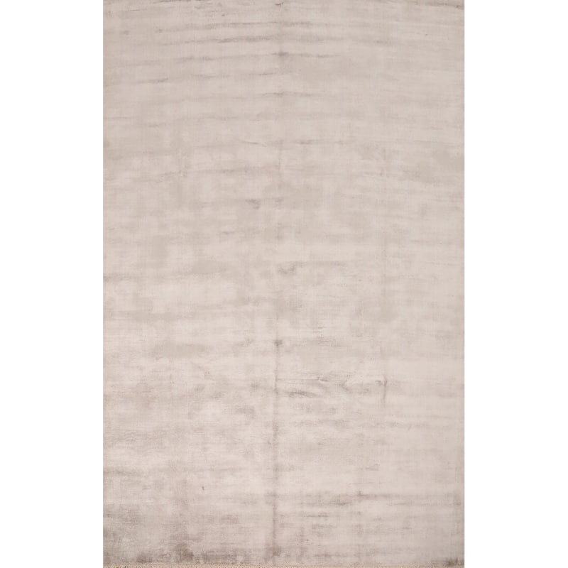 Hand Knotted Oriental Viscose Silk Carpet Modern Modern Beige & Ivories Abstract Area Rug - 12' 10'' X 9' 10''