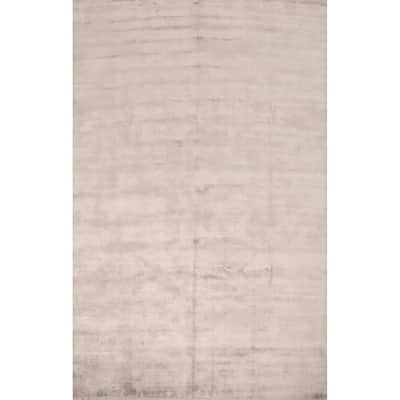 Hand Knotted Oriental Viscose Silk Carpet Modern Modern Beige & Ivories Abstract Area Rug - 12' 10'' X 9' 10''