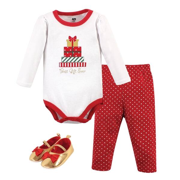 slide 1 of 1, Hudson Baby Infant Girl Cotton Bodysuit, Pant and Shoe 3pc Set, Christmas Gifts 0-3 Months - Christmas Gifts