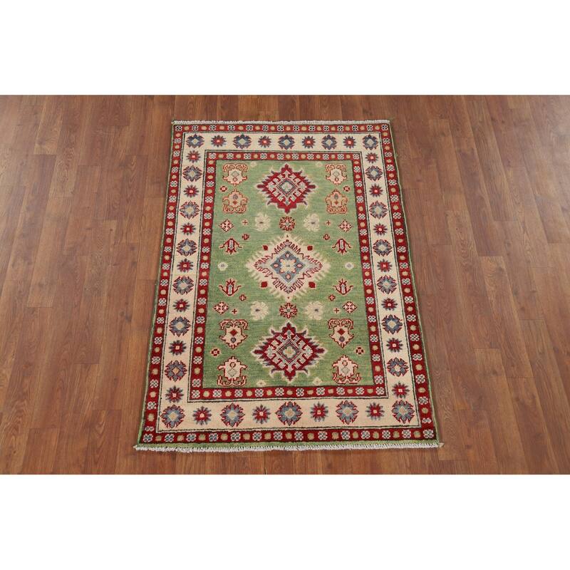 Light Green Geometric Kazak Foyer Rug Hand-Knotted Wool Carpet - 2'10" x 4'2"