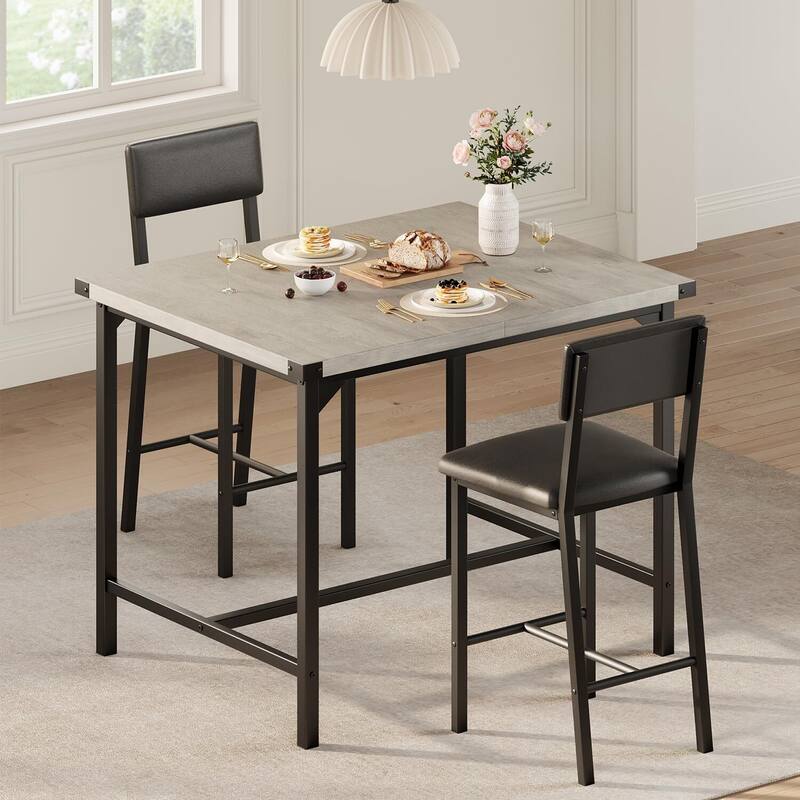 Counter Height Kitchen Dining Table Set with 2 Upholstered Bar Stools for Dining Room - Grey