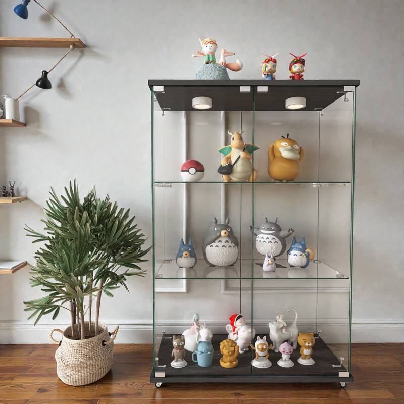 Modern Glass Display Cabinet with LED Lights, 2-Door Tempered Glass Bookshelf with 3 Shelves and Wheels for Living Room - Transparent