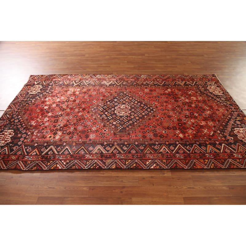 Geometric Red Shiraz Persian Vintage Area Rug Hand-knotted Wool Carpet - 5'0"x 8'5"