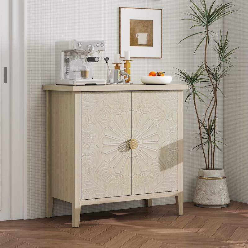 Roomfitters Accent Cabinet, Carved 2 Door Storage Cabinet Buffet Sideboard with Adjustable Shelf, Natural - Natural