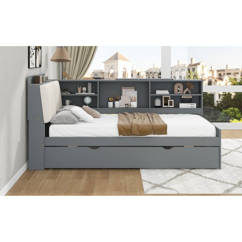 Twin Size Platform Bed with Trundle, Storage Shelves, Headboard with Upholstery, and Space-Saving Rotating Board