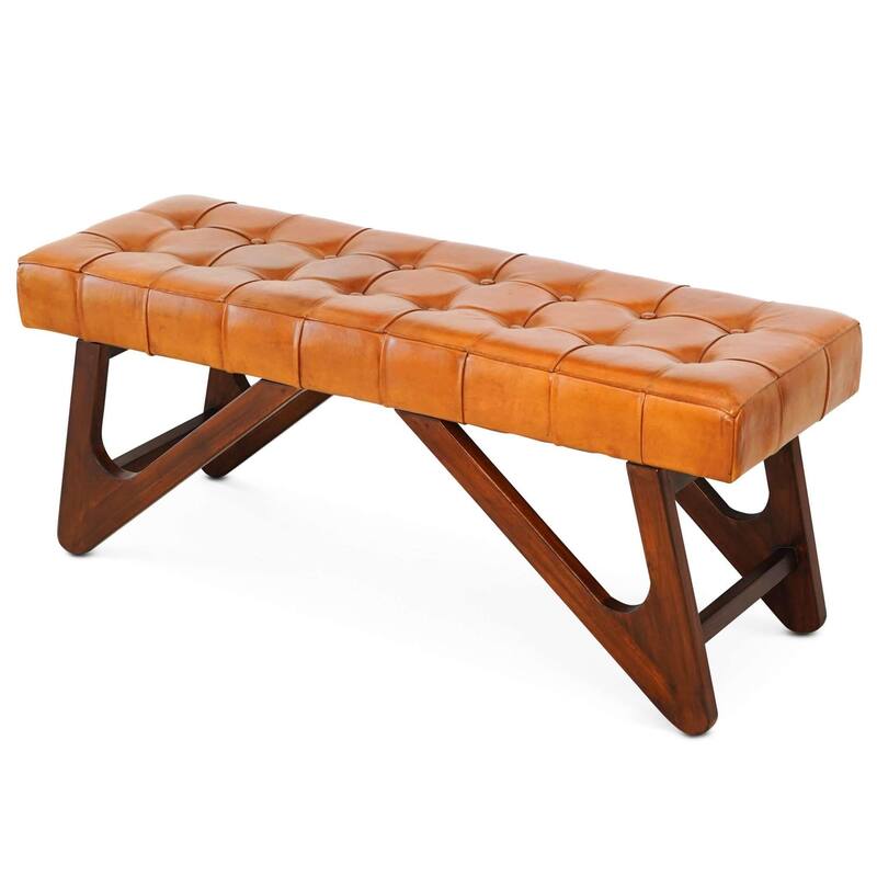 GDFStudio - Mia Modern Mid-Century 47" Genuine Leather Bench with Button Detail & Solid Wood Frame - 15.4"W