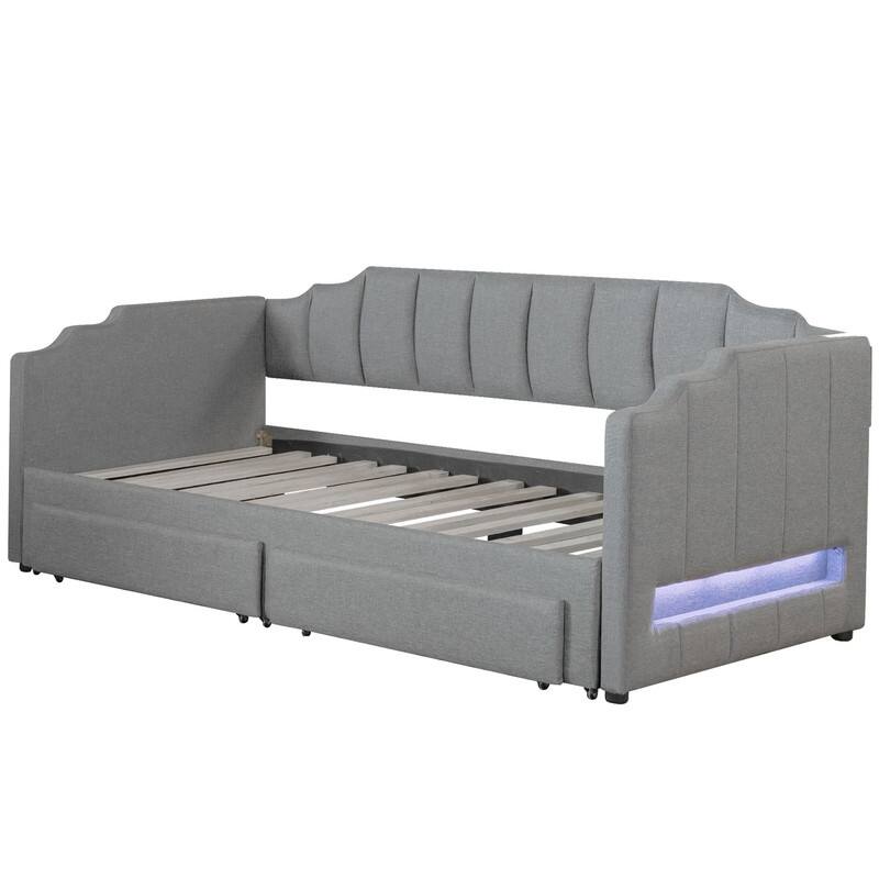 Twin XL Size Upholstered Daybed with 2 Drawers and LED Light,Twin XL to King Daybed