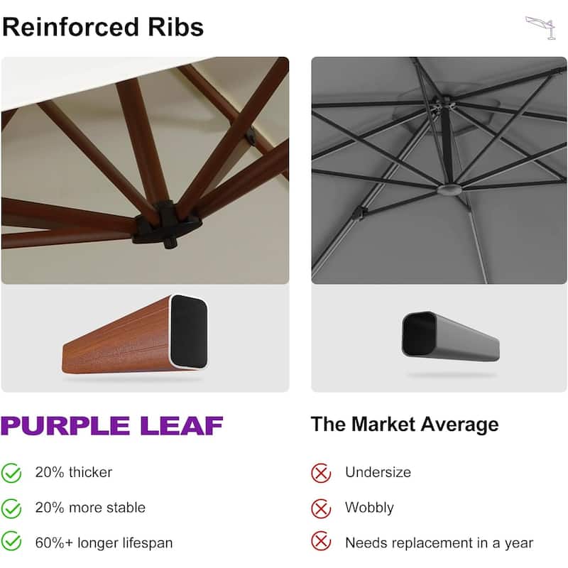 PURPLE LEAF 9 x 12ft Rectangle Wood Pattern Patio Cantilever Umbrella