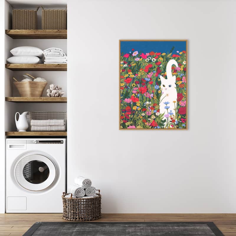 White Cat in the Wildflowers by Ec Mazur Framed Canvas Wall Art