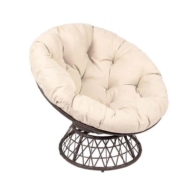 Wicker Papasan Chair with 360degree Swivel, Beige Cushion and Brown Frame. Indoor and Outdoor