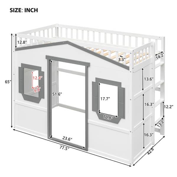 dimension image slide 7 of 8, Solid Wood House Loft Bed With Ladder for Kids, Boys and Girls, Bedroom