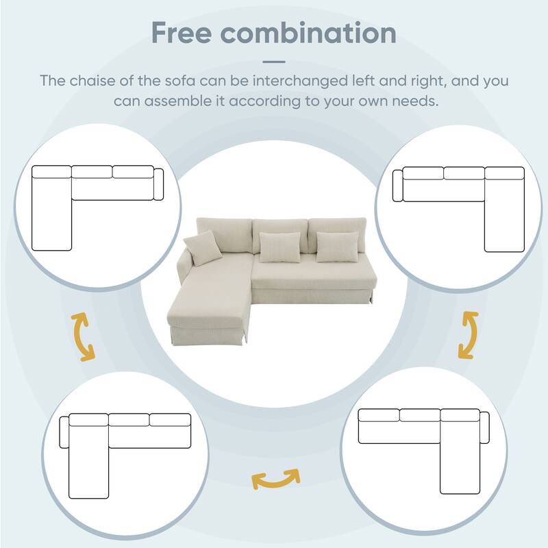 87X61"Modern L-shaped Corduroy Sofa with Reversible Chaise, 4-seat Upholstered Sectional Indoor Furniture for Living Room