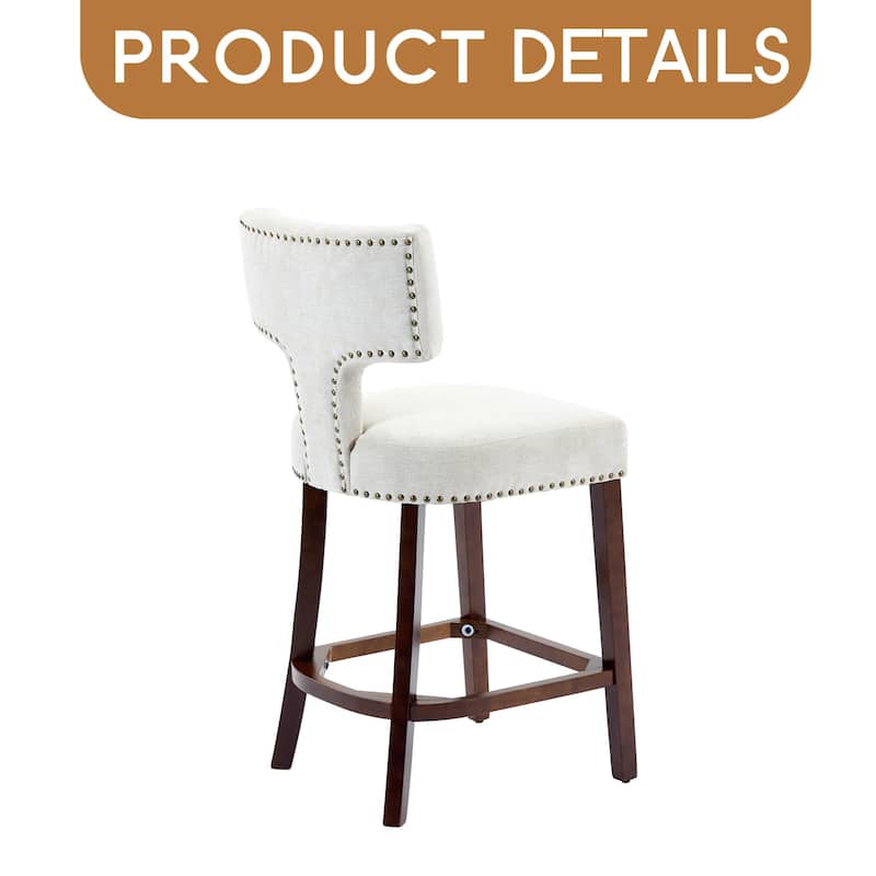 Mid Century Modern Counter Height Bar Stools Set of 2, Farmhouse Linen Fabric Upholstered Accent Chair Curved Backrest