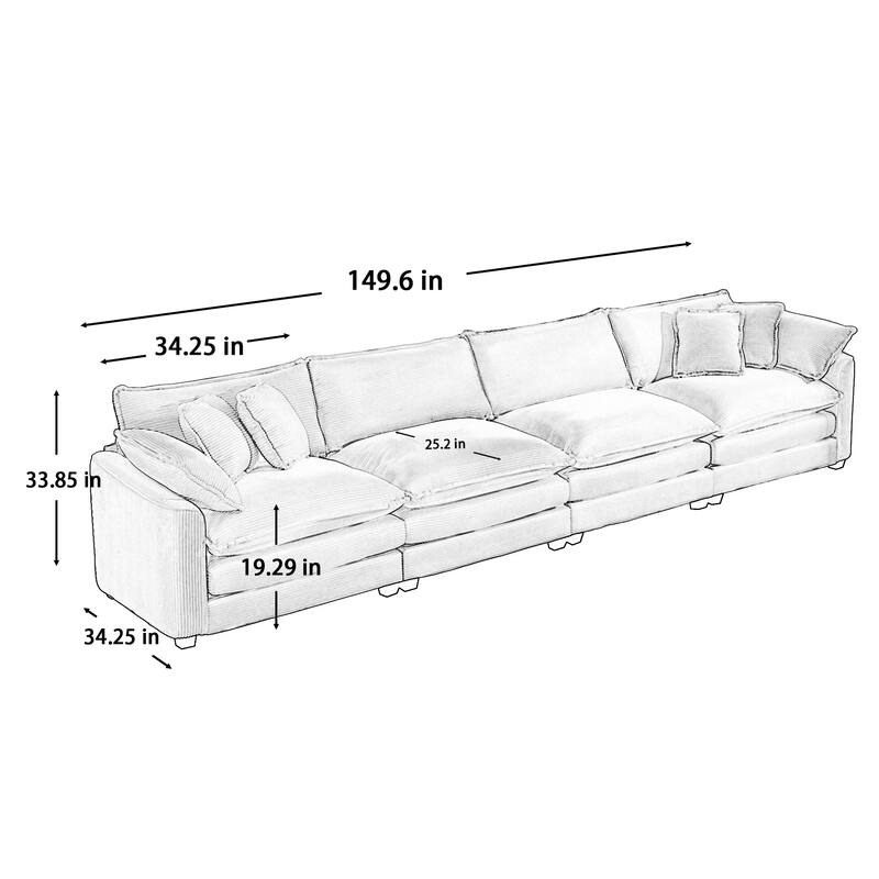 Corduroy Upholstered 4-Seater Sofa with Soft Cushions and Pillows, Ideal for Living Room