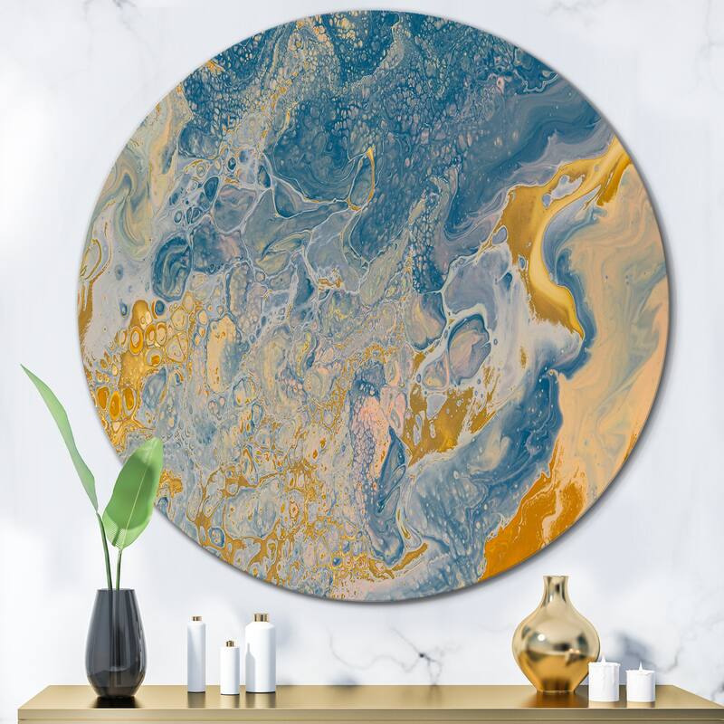Designart 'Brown And Blue Marble Waves' Modern Metal Circle Wall Art - 36x36 - Disc of 36 Inch