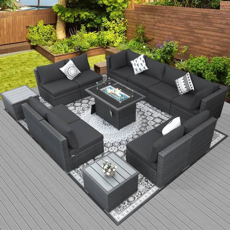 FINCATI Outdoor Grey Wicker Sectional Furniture Patio Sofa Set with Firepit Table - 13 PCS-A - Dark Grey