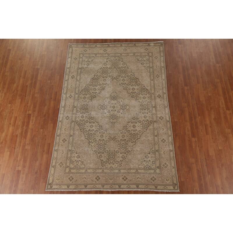 Distressed Tabriz Persian Vintage Rug Handmade Beige Wool Carpet - 6'5" x 9'5"
