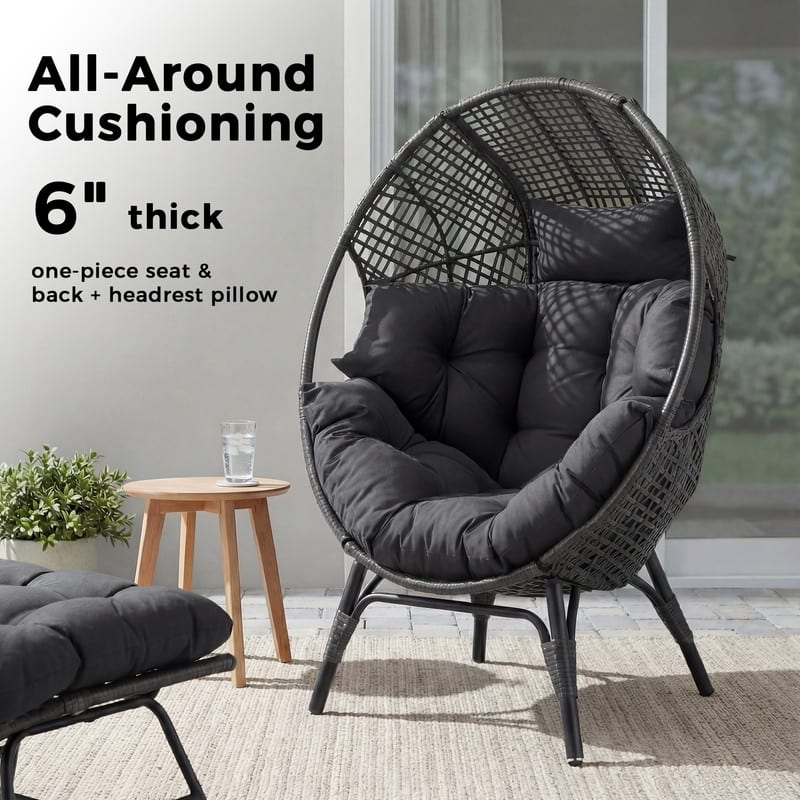 Oversized Wicker Egg Chair with Ottoman and Cushions, Stationary Boho Indoor/Outdoor Lounge Chair