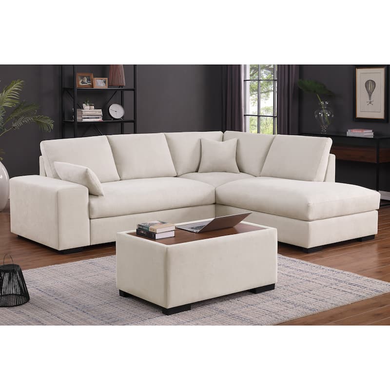 100"W Beige Woven Sectional Sofa w/ Right Chaise, Console Ottoman & 2 Pillows