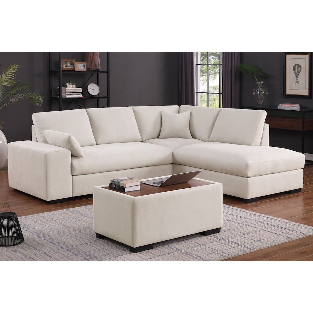 100"W Beige Woven Sectional Sofa w/ Right Chaise, Console Ottoman & 2 Pillows