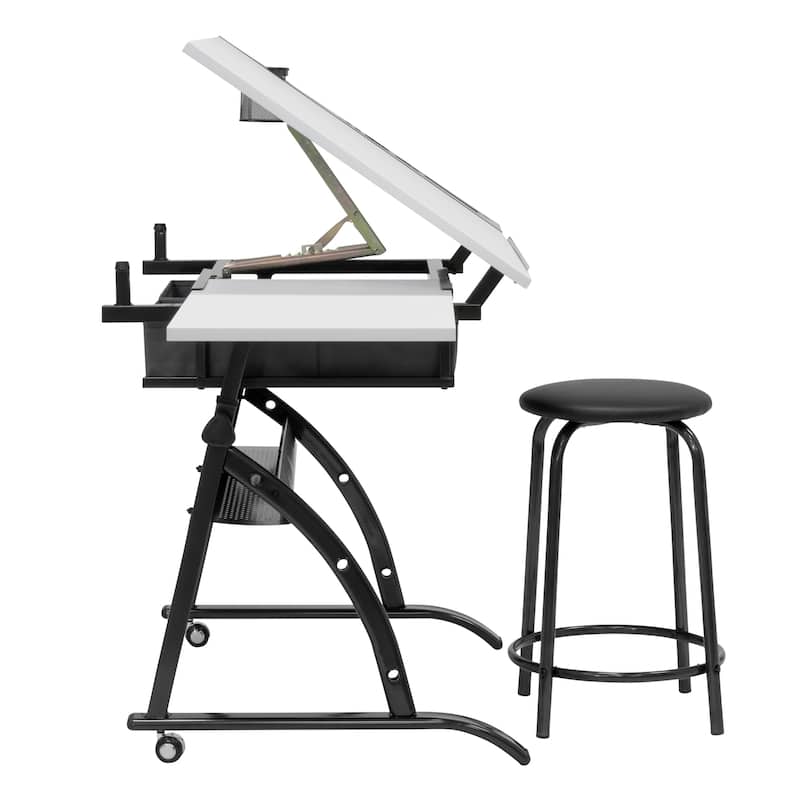Core Craft Center, 2 piece Drawing, Drafting and Craft Table with Stool, Gunmetal-Gray/White