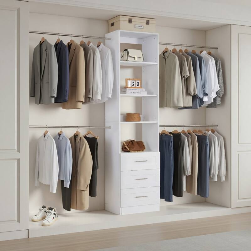 Large White Closet Organizer with 11 Compartments Adjustable Rods and Pull-Out Drawers - 65.8” - 100.8” x 15” x 81”