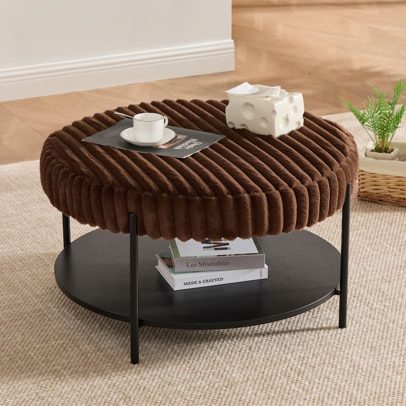 30.9"W Upholstered Coffee Table Ottoman,Round Coffee Table Bench with Storage Shelf and Metal Legs
