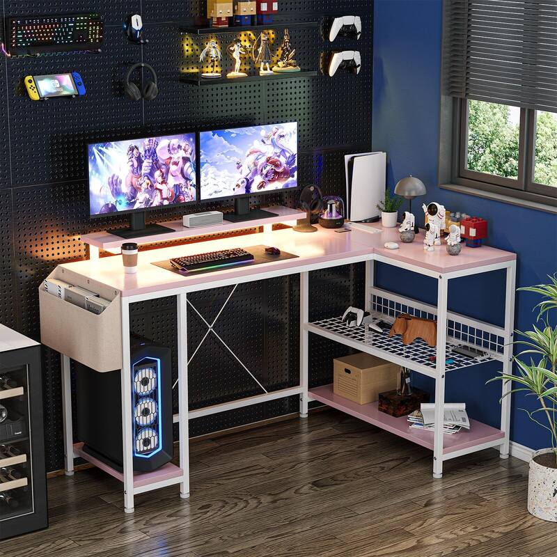 L Shaped Computer Desk with Power Outlets & LED Light, 49.6" Reversible Corner Computer Desk
