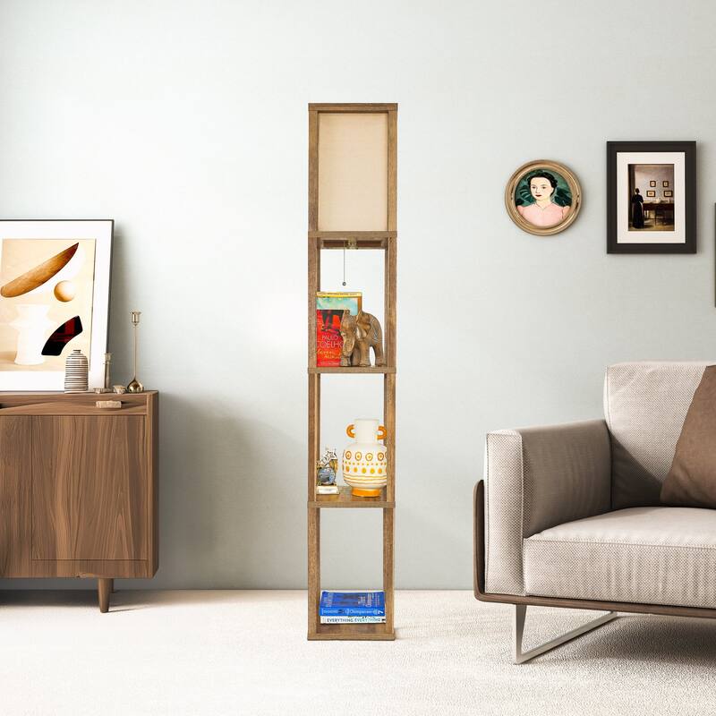 Shelf Floor Lamp For Bedroom/Living Room, Natural Wood with Long Shade