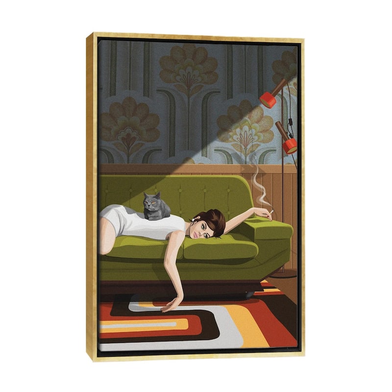 iCanvas "Waiting Game" by Artcatillustrated Framed Canvas Print - Gold - 48x32