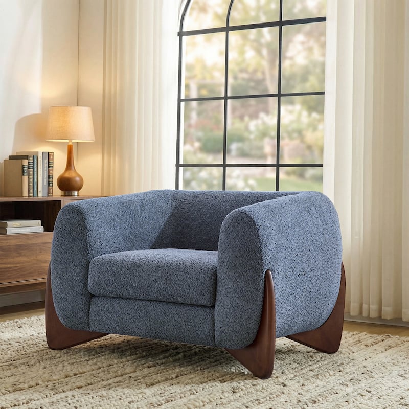 Tina Modern Upholstered Boucle Arm Club Chair by Christopher Knight Home - Blue + Walnut