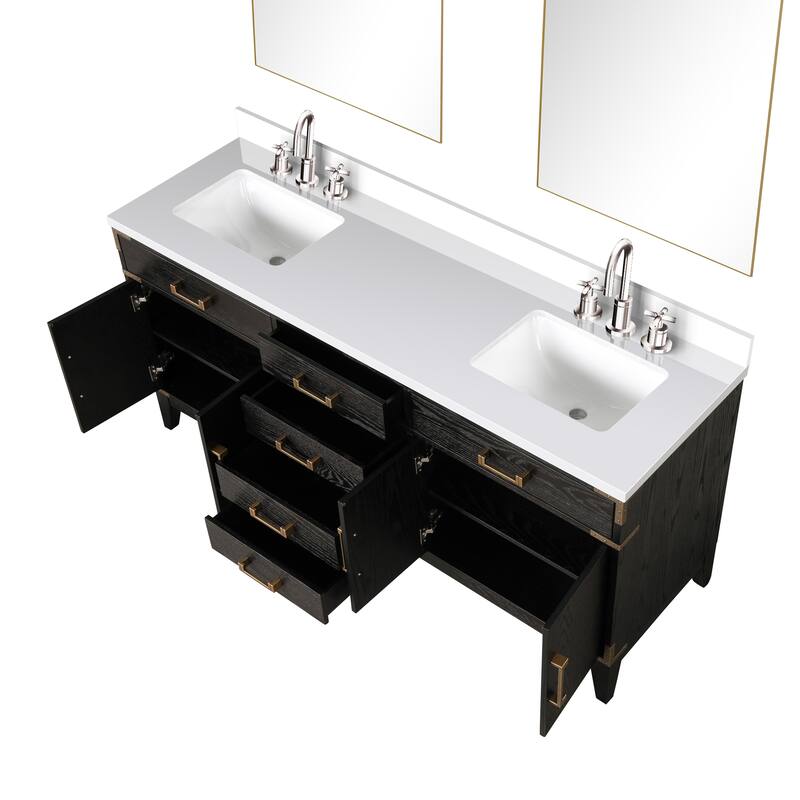 Laurel 60 in W x 22 in D Black Oak Double Bath Vanity, White Quartz Top, Faucet Set, and 28 in Mirrors