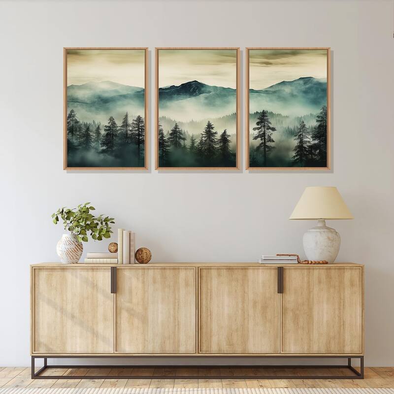 Green Foggy Forest Mountain Framed Canvas Wall Art Set