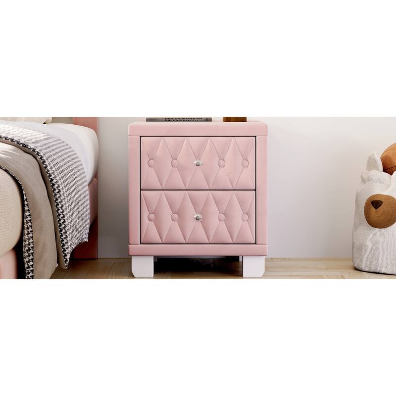 Elegant Velvet Nightstand Storage Cabinet with 2 Drawers, Coffee Table Pink Bedside Table with Crystal Handle