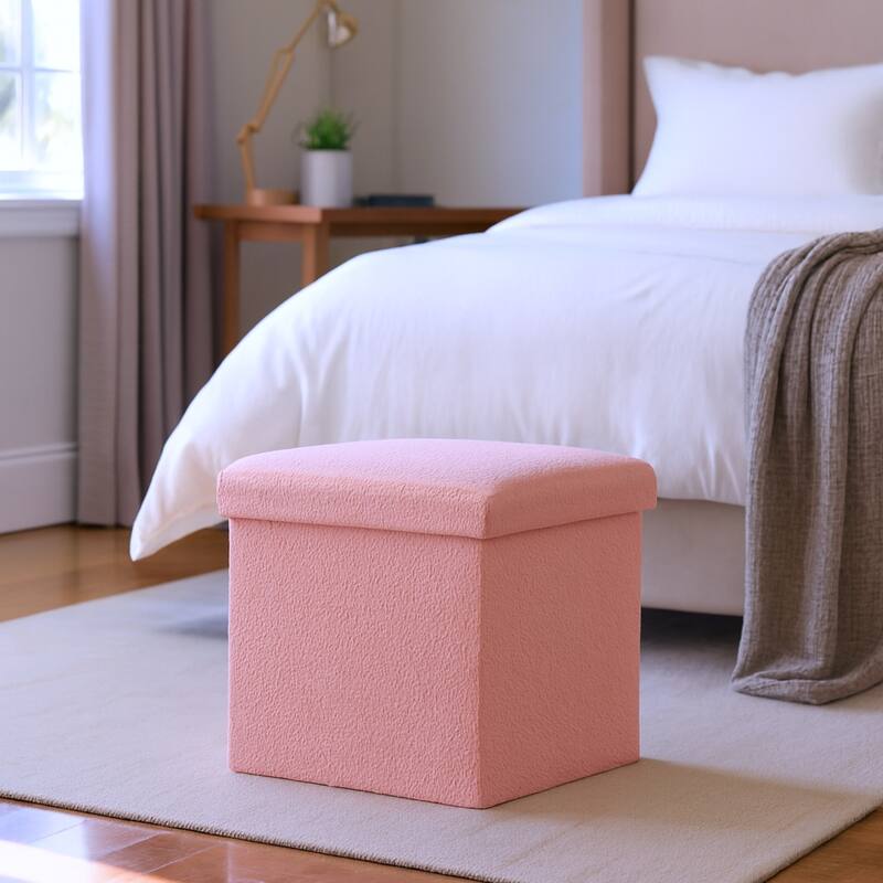 HomeRoots 12" White Boucle Cube Storage Ottoman - Pink